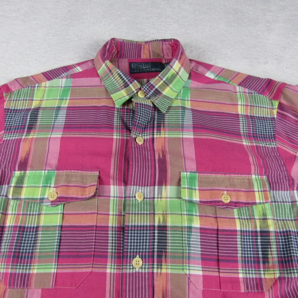 Polo Ralph Lauren Mens Large Button Down Pink Plaid Ikat Flap Pockets